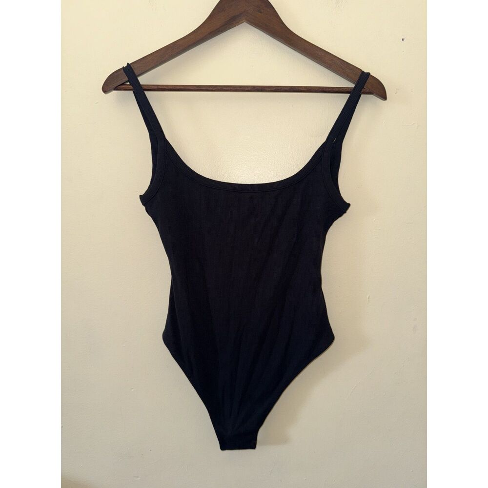 NWT All Things Golden ATG Black Luxe Rib Low Back Scoop Neck Bodysuit Size L